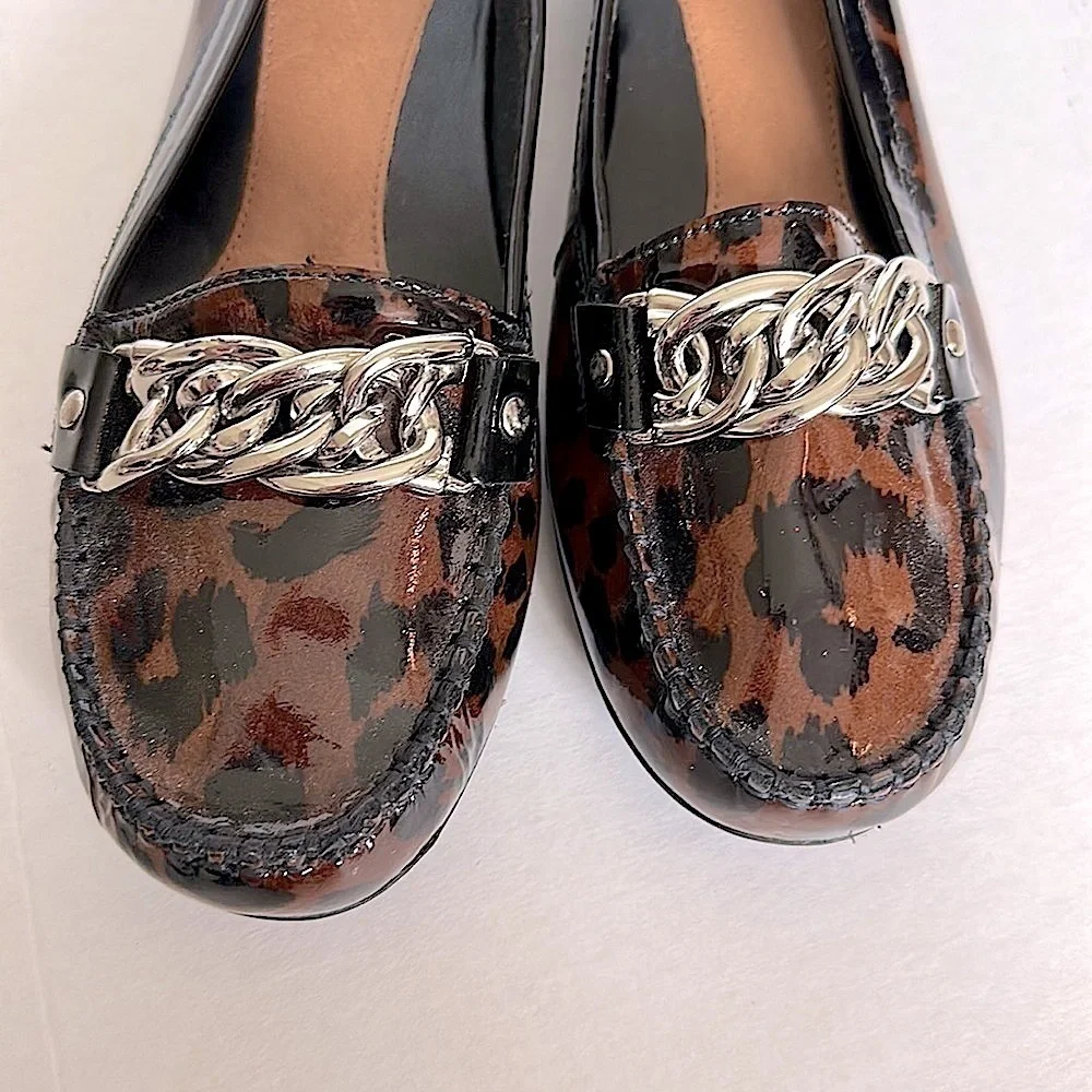 Nurture Leopard Print Patent Leather Chain Detail Slip On Loafers Size 8.5 NWOT